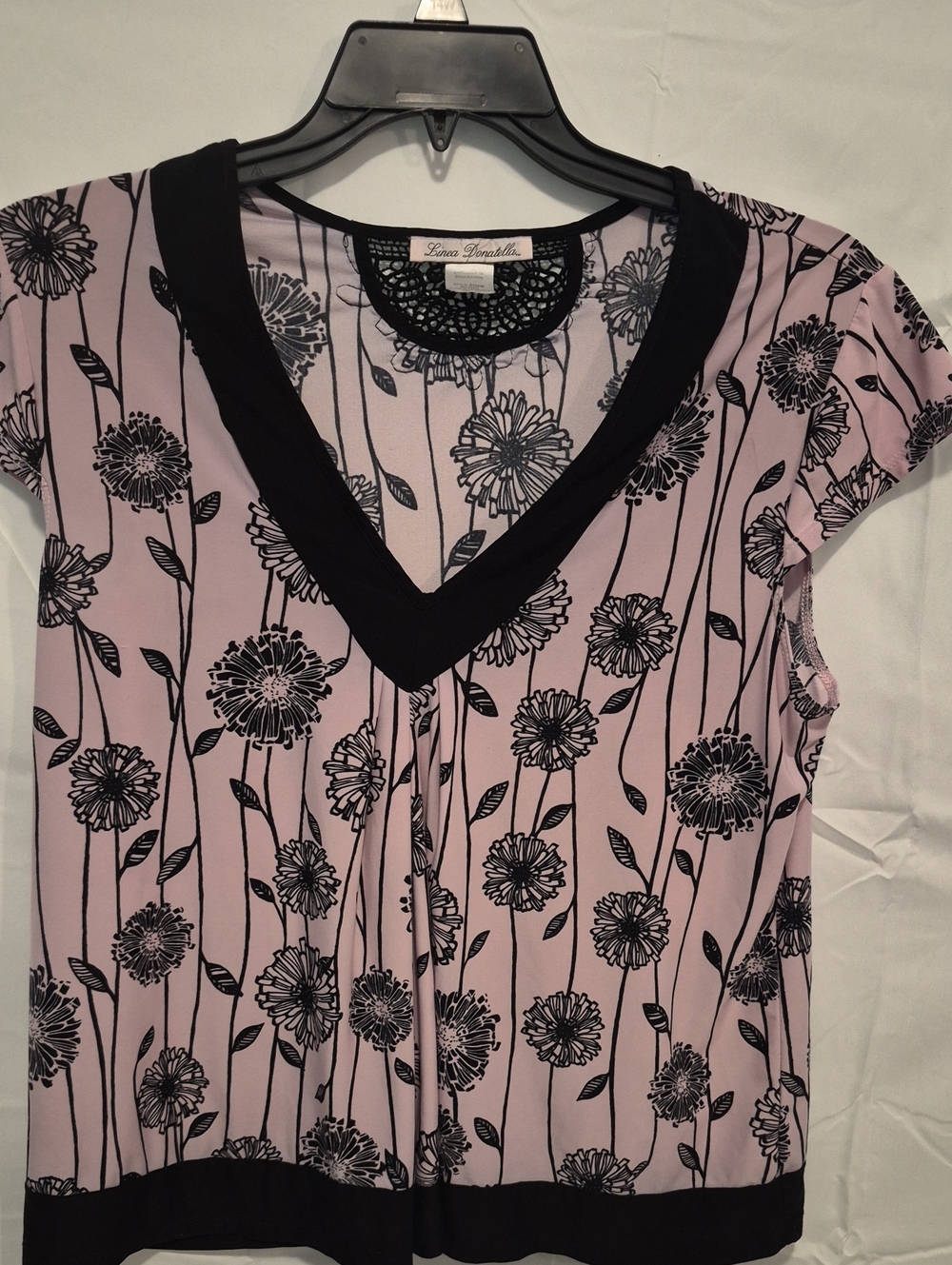 Linea Donatella Lavender Floral V-Neck Blouse with Black Trim
